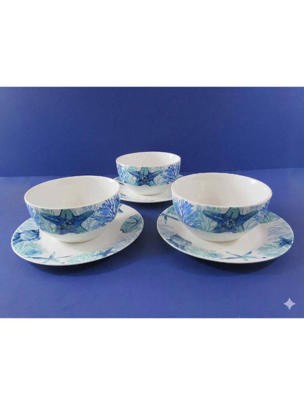 Royal Norfolk Coastal Starfish Sand Dollar Blue Stoneware Plates Set of 4